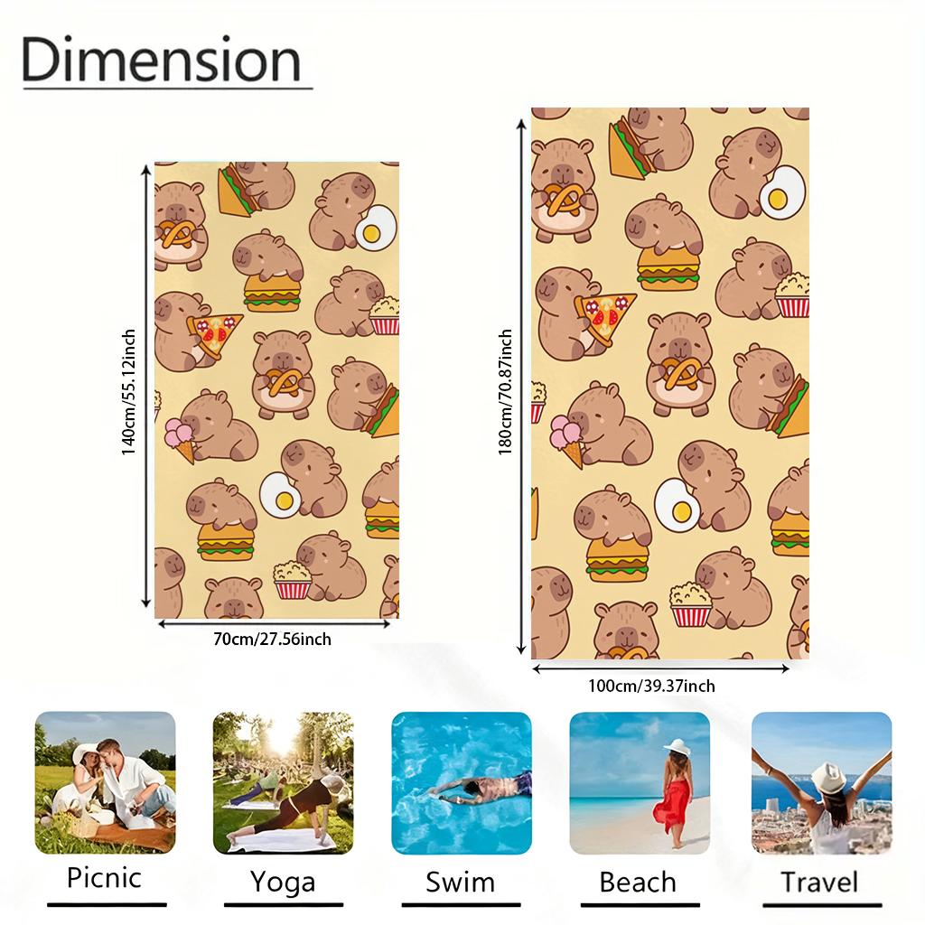 Süßes Capybara Food Print Strandtuch, Mikrofaserhandtuch im Fast-Food-Design, Schnelltrocknendes saugfähiges Handtuch für Strand, Schwimmen, Camping,