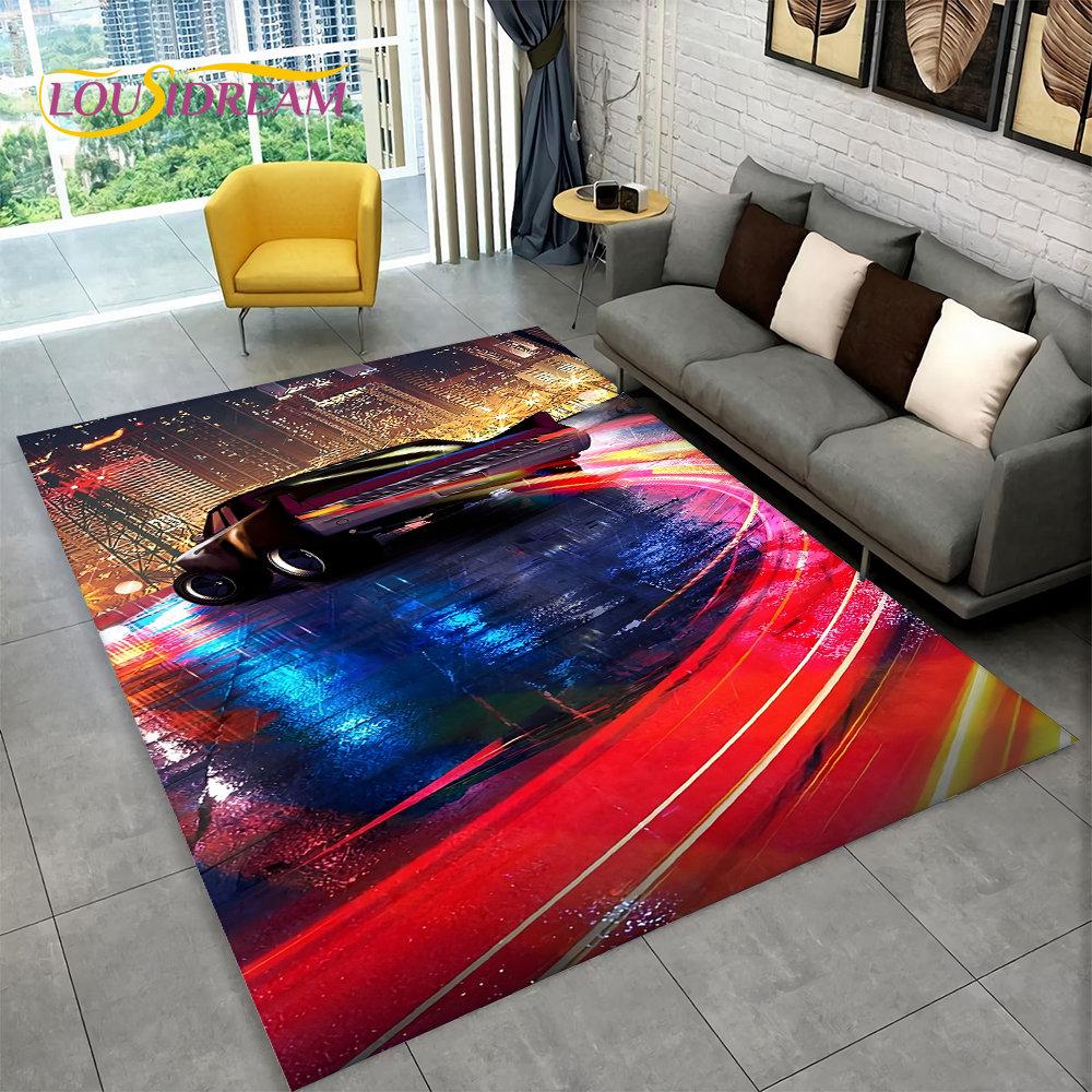 Großer 3D-Teppich mit Rennwagen, Teppich für Zuhause, Wohnzimmer, Schlafzimmer, Sofa, Fußmatte, Dekor, Kinderspiel, Küche, rutschfeste Bodenunterlage