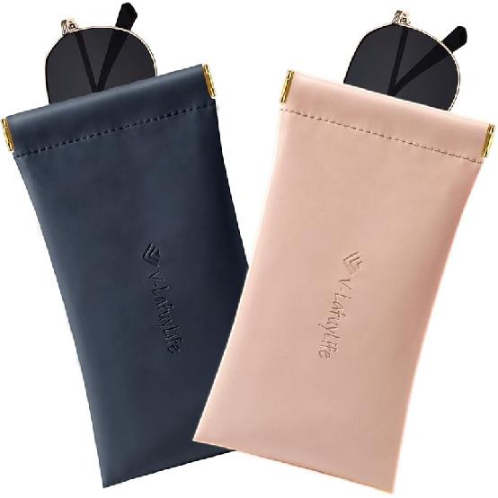 Glasses Case Soft 2 Pack - Portable Leather Squeeze Top Eyeglass Case,Soft Sunglasses Case. Pink/Blue