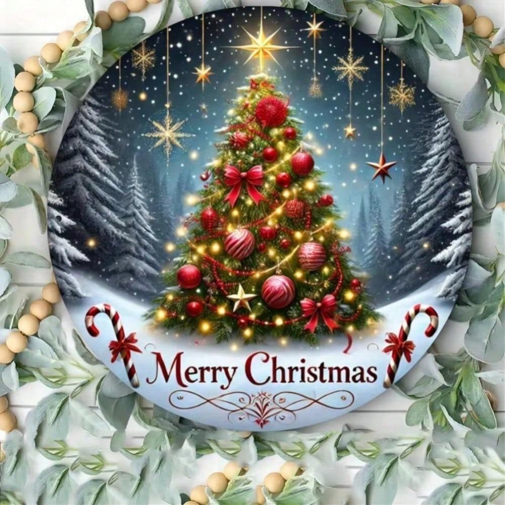 Christmas Tree Metal Sign Round Iron Wall Art Home Kitchen Living Room Garden Decor