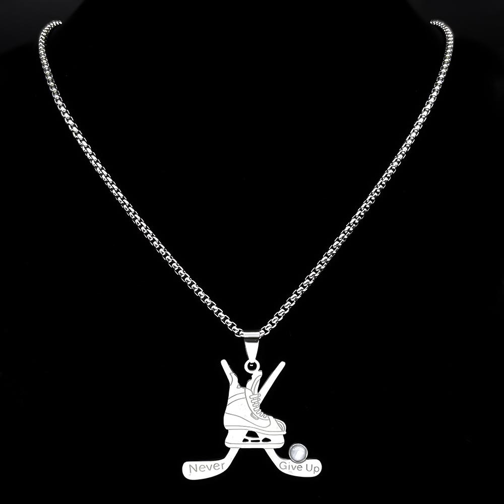 Ice Hockey Chain Women Men Stainless Steel Silver Color Stone Hockey Stick Never Give Up Sports Male Necklace Jewelry Gifts