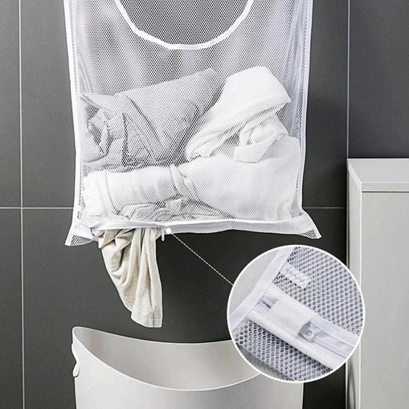 Foldable Mesh Dirty Clothes Storage Bag with Hook - Wall Hanging Laundry Basket Frame Bucket for Clothing Org