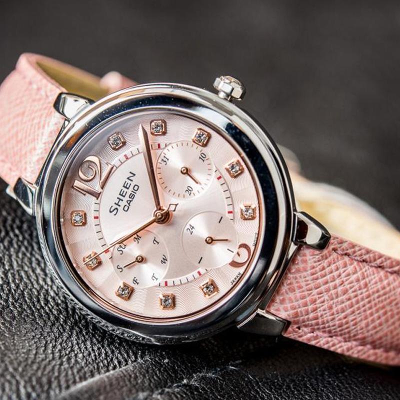 Casio SHEEN Business 50 Meter Waterproof Quartz Movement Genuine Leather Strap Japanese and Korean Watch Women's Watch Gold Dial SHE-3048L-4A