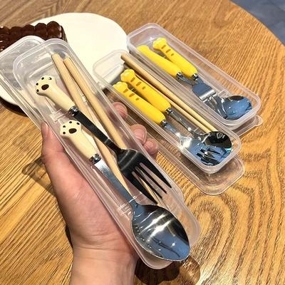 Cubiertos de Animales de Dibujos Animados para Niños Cuchara Tenedor de Acero Inoxidable Juego Portátil para Almuerzo al Aire Libre Vajilla Con Caja Accesorios de Cocina