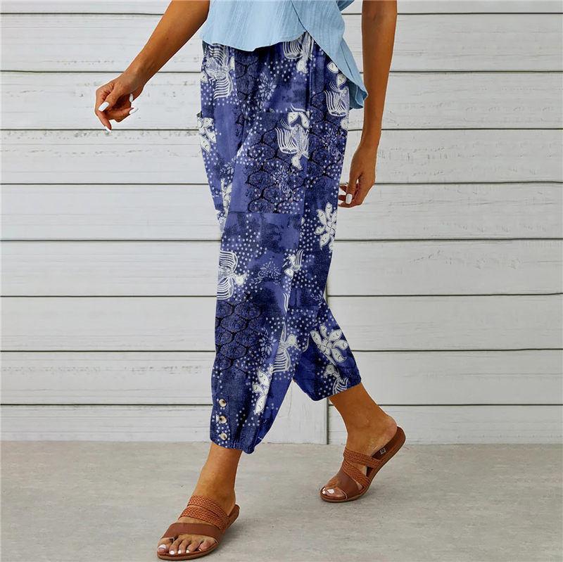 Damen Hohe Taille Kordelzug Cropped Haremshose Lockerer Schnitt Blumenprint Leinenmischung Jogger Caprihose Mit Tasche