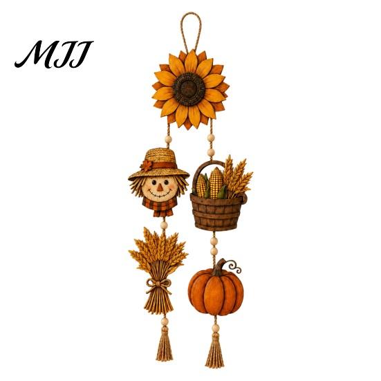 Harvest Atmosphere Wall Hanging Autumn Wooden Sign, Rustic Farmhouse Door Sign with Tassels and Wood Beads, Seasonal Indoor Outdoor Fall Porch