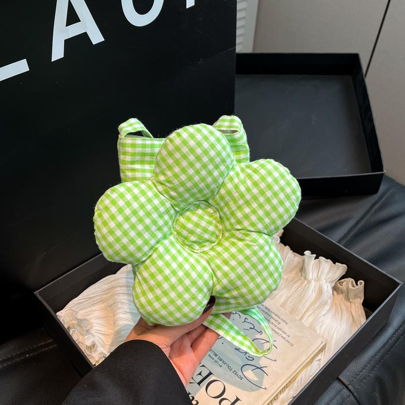 Plaid Embroidered Flower Bag Women's New Casual Drawstring Canvas Bag Commuter Shoulder Messenger Fashion Bag