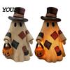 Cute Halloween Party Supplies Lighted Patchwork Ghost Resin Figurine with Pumpkin Lantern, Rustic Farmhouse Style Glowing Lanterns Tabletop