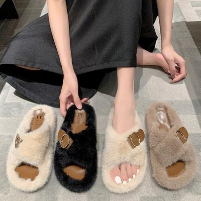Warme flauschige Hausschuhe Damen Plüschhausschuhe Bequeme Gürtelschnalle Kunstfell Kreuz Indoor Hausschuhe Flache Weiche Fellschuhe