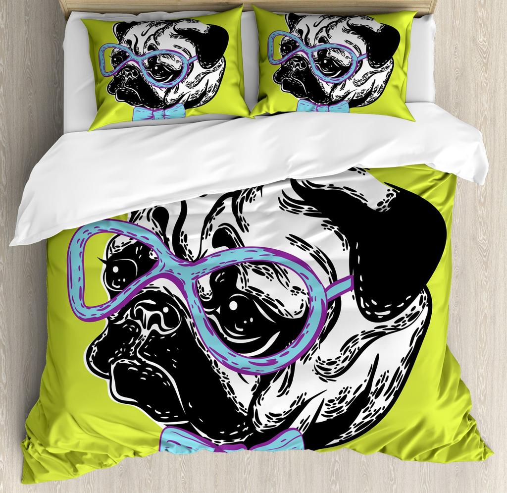 Black Dog Bedding Set Twin King Full Size Duvet Cover Set Cute Pug Dog Print Comforter Cover For Kids Teen Boys Soft Quilt Cover
