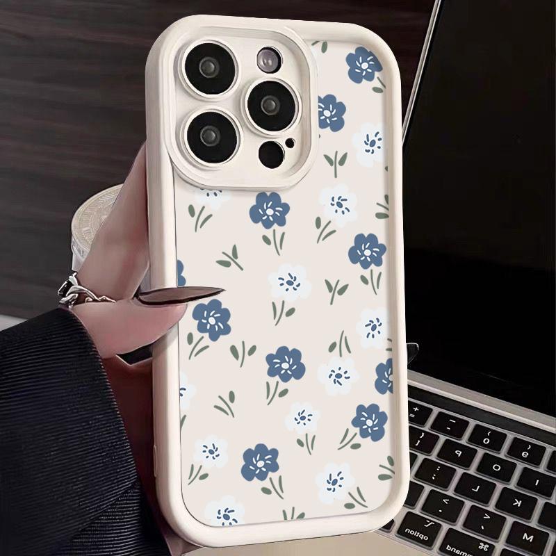 Blue White Small Flowers Silicone Case For iPhone 15 16 Pro Max 14 13 12 11 Pro Max 7 8 XR XS SE Shockproof Soft TPU Phone Cover