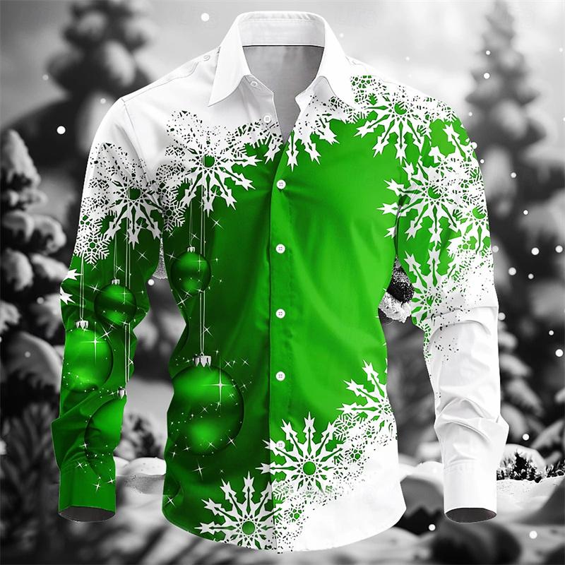 Christmas Men's Long-Sleeve Shirt, Red and White Color Block, Christmas Ball and Snowflake Pattern, Holiday Party Shirt