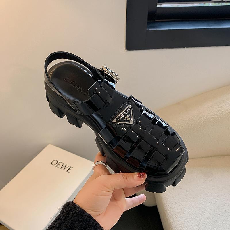 

Кожаные сандалии Baotou, женская модная верхняя одежда, новые полые плетеные римские туфли, туфли в стиле ретро-маффин на толстой подошве