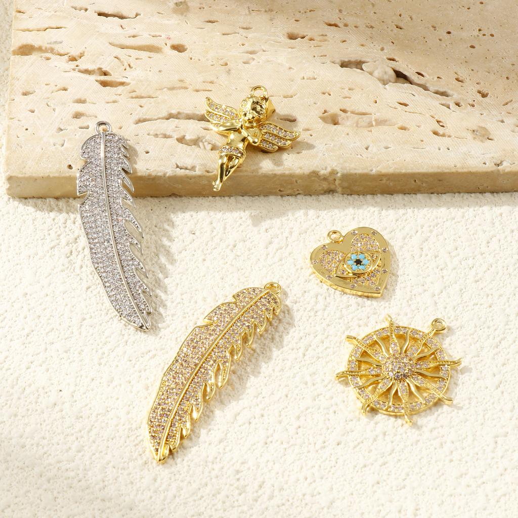 1 Piece Brass & Cubic Zirconia Charms 18K Gold Plated Micro Pave Heart Sun Angel Feather Pendants DIY Necklace Keychains Making