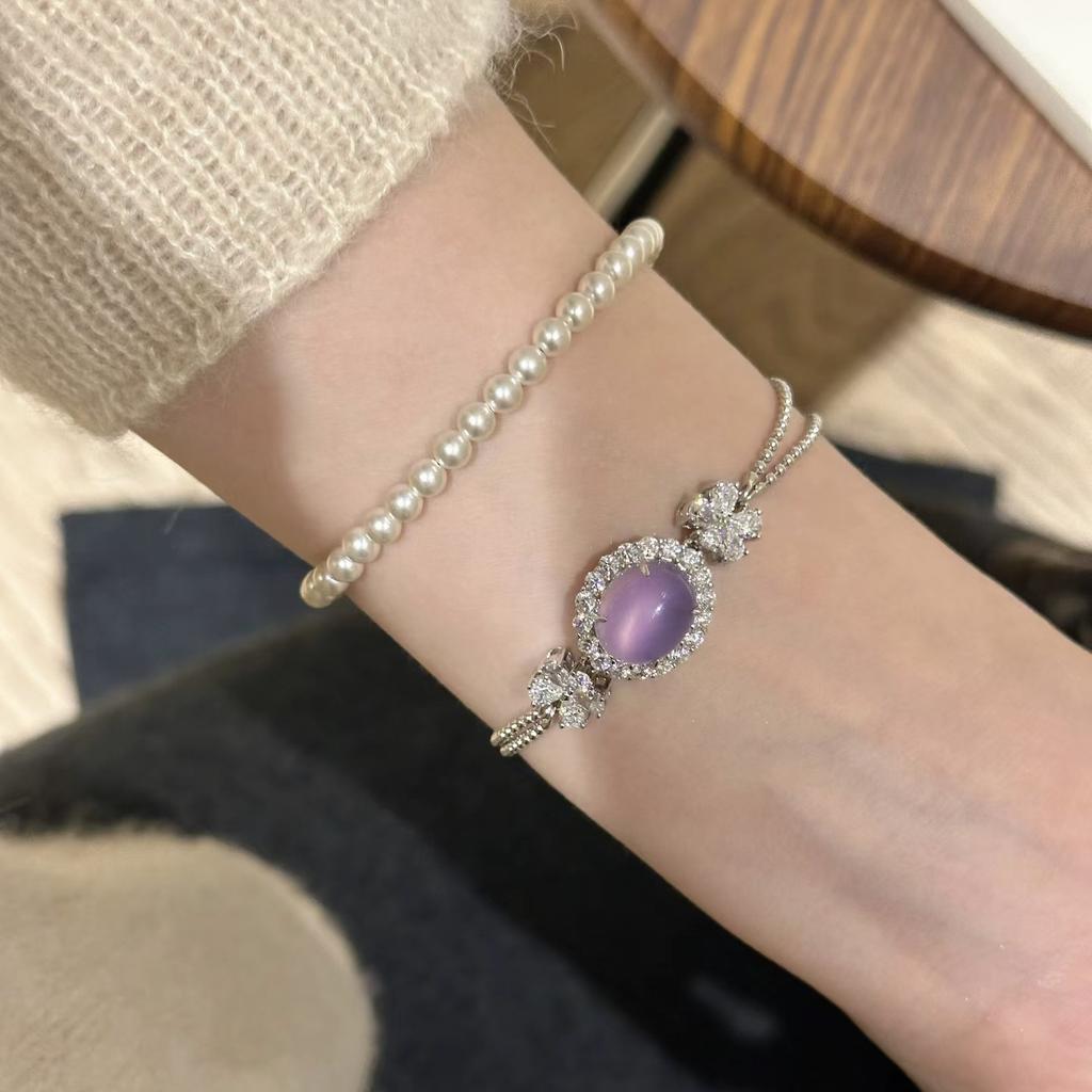 Haute Couture Natural Purple Chalcedony Bracelet Women'S Handmade Inlaid Ice Transparent Violet Egg Surface Bracelet Temperament