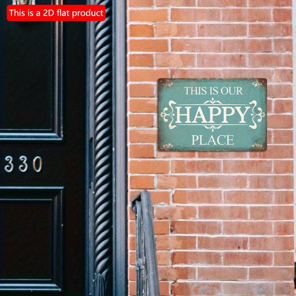 2D Flat Wooden 30*20cm Rustic Wall Sign - "This Is Our Happy Place" Plaque for Porch, Home & Farmhouse Decor, Teal Background with Stylish Lettering