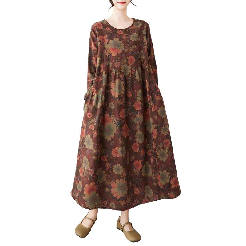 Spring and Summer New Style Retro Cotton and Hemp Round Collar Pocket Long-sleeved Dress Female Loose Thin A Line Skirt