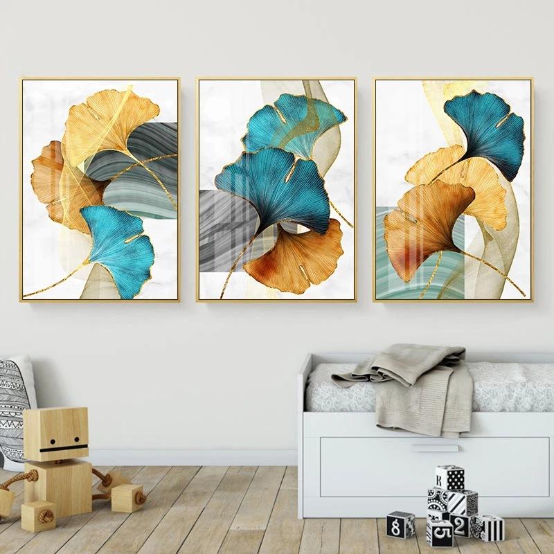 Modern Picture Living Room Decoration Blue Green Yellow Gold Plant Leaf Abstract Nordic Canvas Print Wall Art Painting