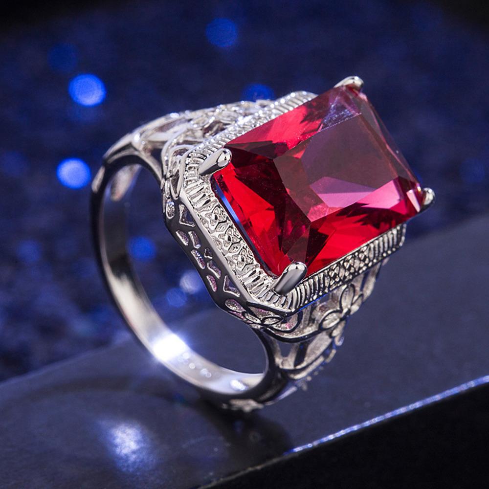 WOSIKATE Vintage Square Ruby Engagement Ring For Women  CopperFashion Jewellery Hollowed Out Zirconia Ring Accessories