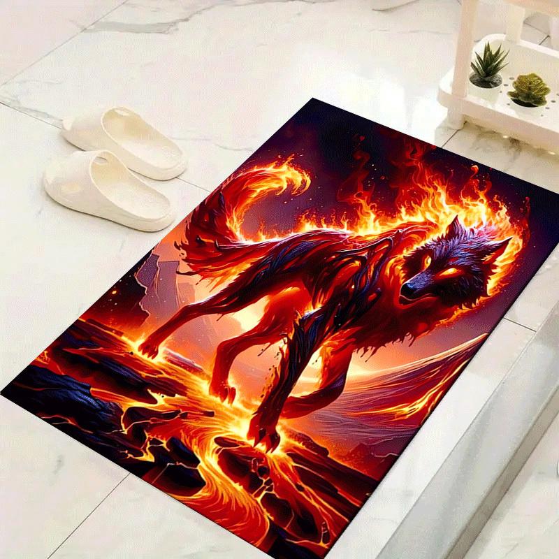 

1pc Burning Wolf Print, Design Indoor Area Rug - Soft, Anti-Slip, and Durable Gaming Room Decor for Bedroom 60cm by 90cm