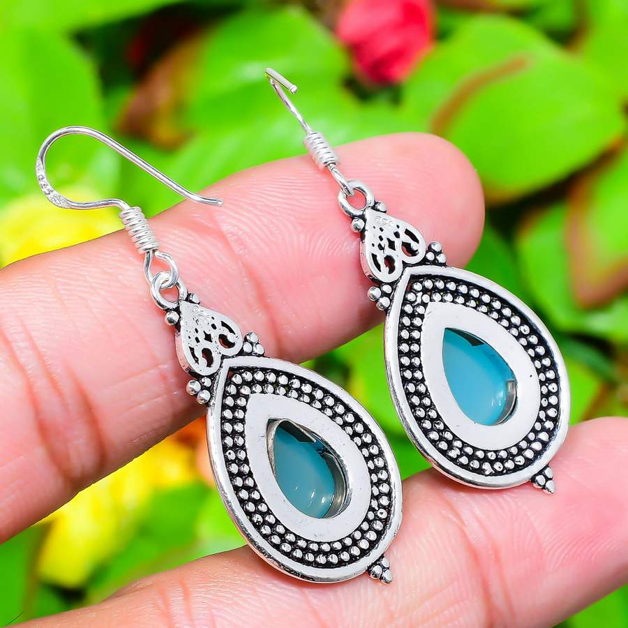 Natürlicher Aqua Chalcedon Edelstein 925 Sterling Silber Geschenk Ohrring 1,97" w3s84