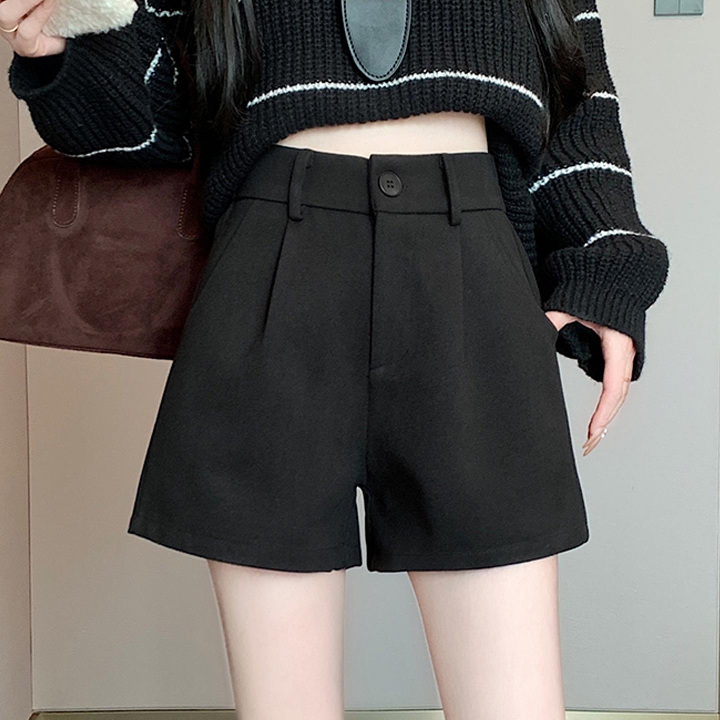 Plus Size Women s Black Wool Wide-Leg High-Waisted A-Line Shorts for Fall/Winter XL