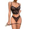 Fashion Sexy hollow mesh embroidered flower small vest thong sexy underwear three-piece set