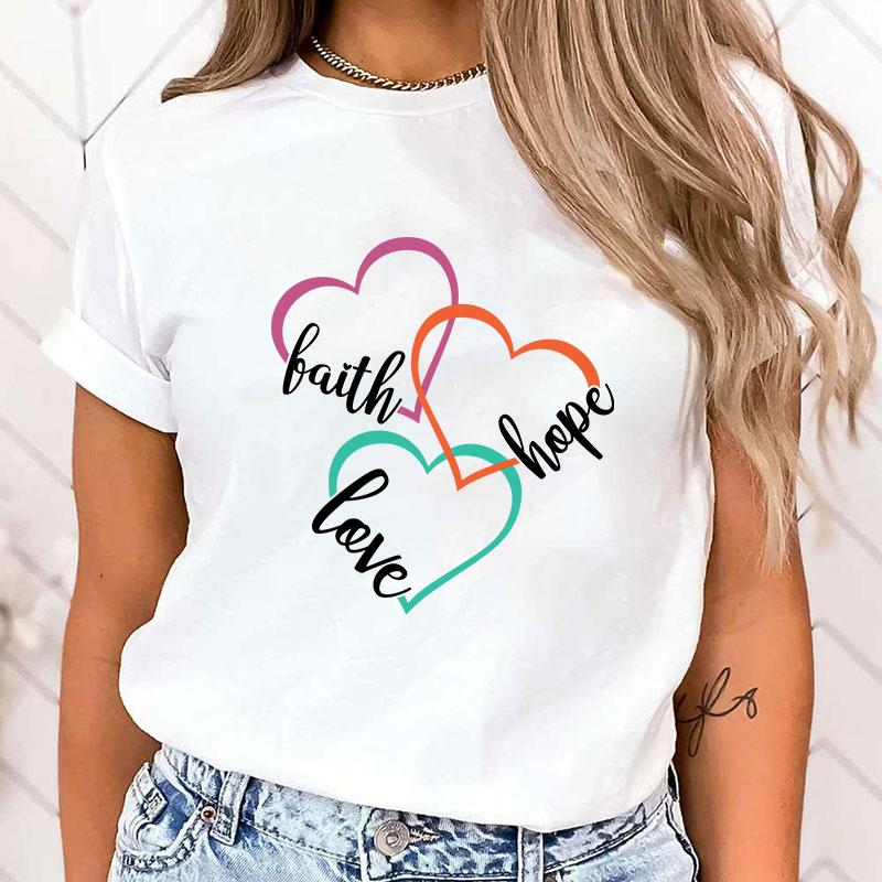 (High Quality Clothes)Funny Breast Cancer Awareness Faith Hope Love Letter Printing T-Shirts For Women Summer Tee Shirt