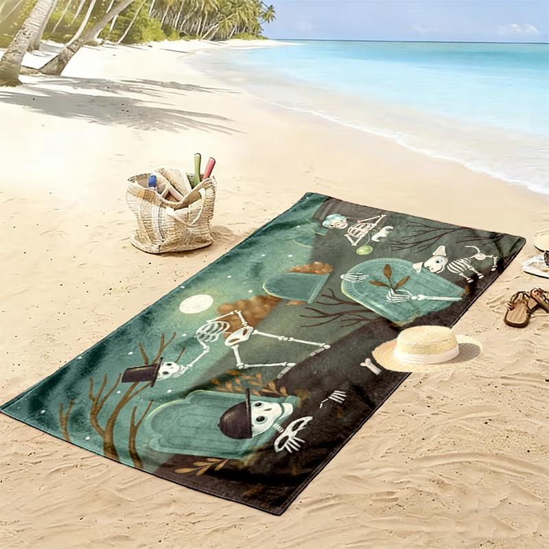 Halloween Skeleton Graveyard Print Beach Towel, Gothic Spooky Quick‑Dry Towel for Beach Pool Travel