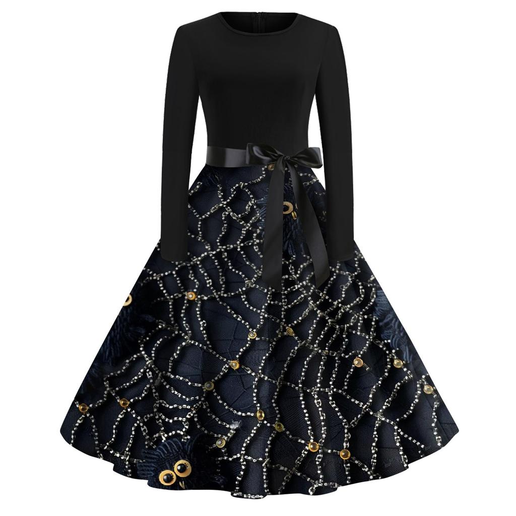 Dámské módní šaty s V-výstřihem, ležérního střihu, slim fit, s halloweenským potiskem, s dlouhým rukávem