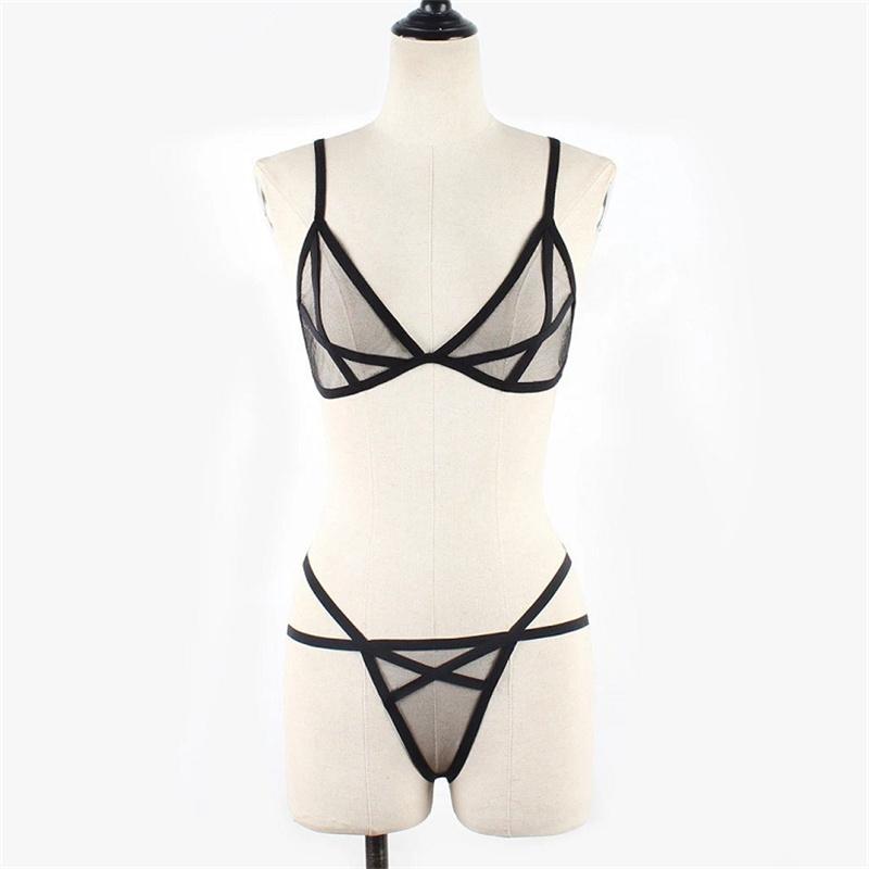 Womens Mesh Sheer Sexy Lingerie Sets See Through Bralette Bra Bustier Underwear + Panties Underwear Female