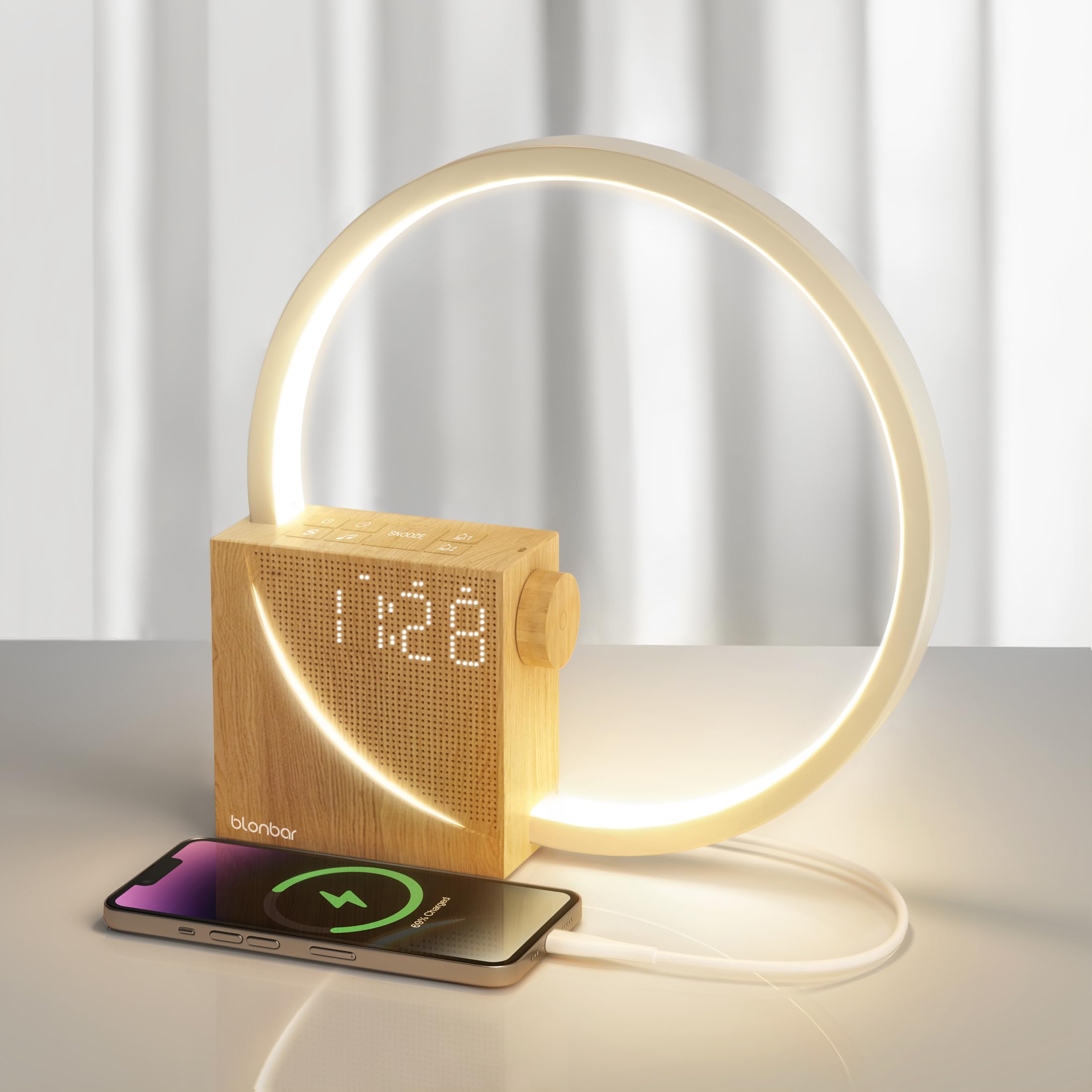 

blonbar Ambient Lighting, Bedside Lamp, USB Charging, Nursing Light, Table Lamp, 4-Level Dimming, 10 White Noise Night Lights, Double Alarm Set,