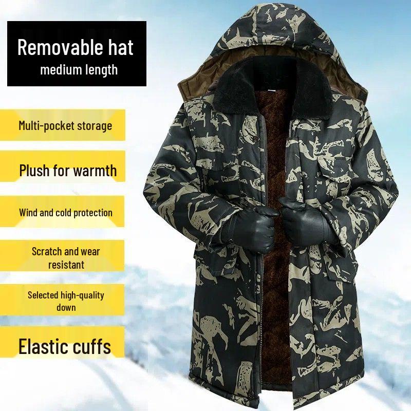 Men's Mid-Length Fleece-Lined Camouflage Overcoat - Windproof, Cold-Resistant, Waterproof, Cotton-Padded for Winter and Labor Protection.