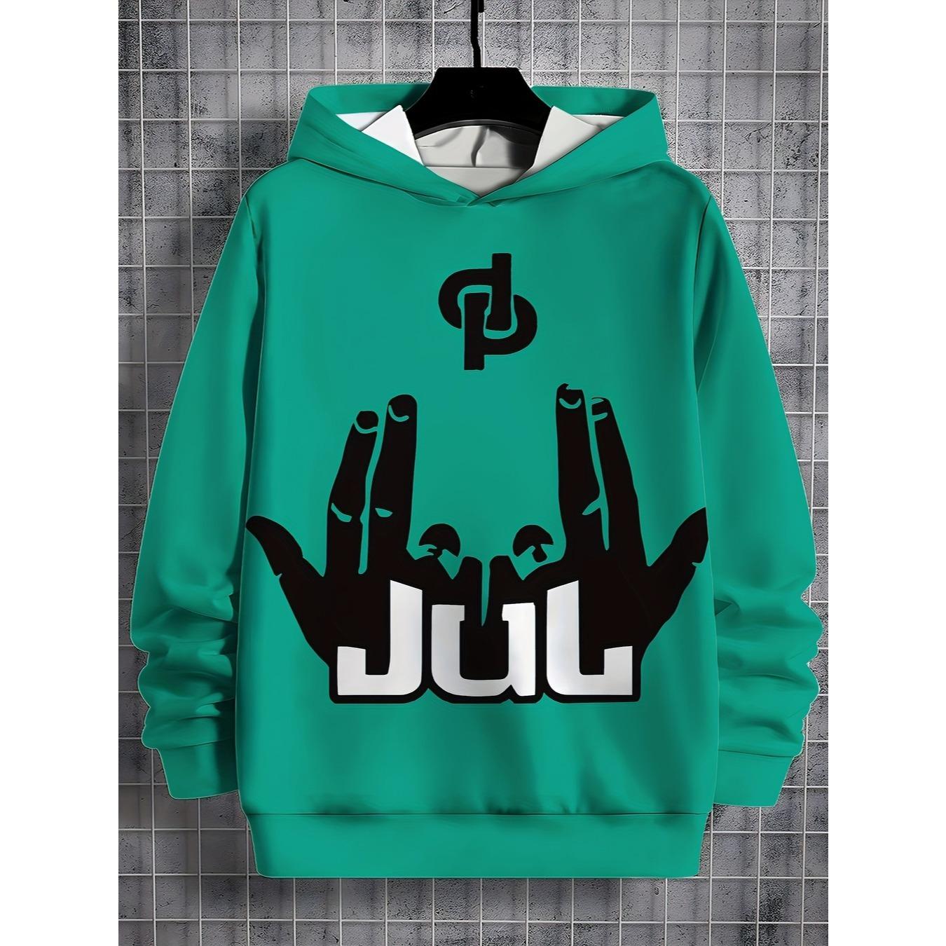 

Boys hooded sweatshirt, rapper gesture, fun gesture JUL pattern, blue trendy and fashionable children s clothing top 13-14Y