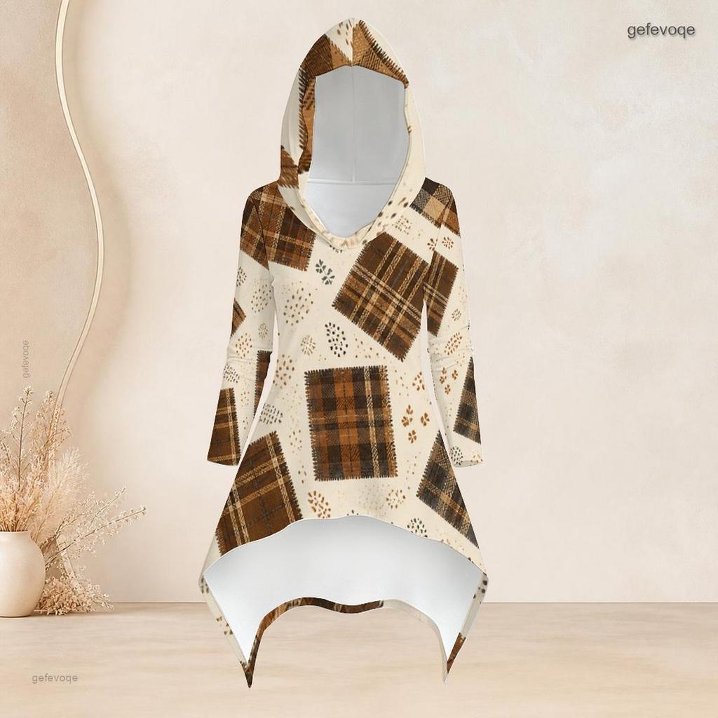 Women Plus Size Two Piece Set Hooded Long Sleeve Plaid Printed High Low Top And Fitted Pants
