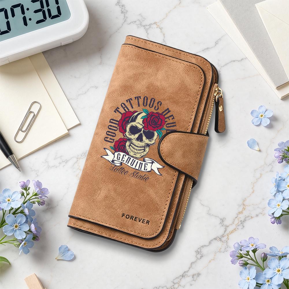 Skull Rose Pattern Long Wallet Multi Card Slot Coin Purse