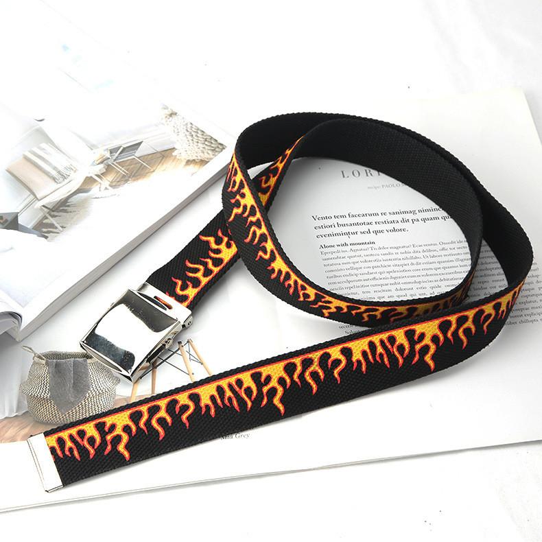 Fashionable Pattern Flame Metal Buckle Decoration Men Casual Woven Canvas Belt