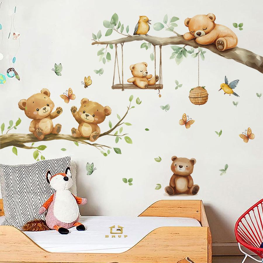Cute Cartoon Bear Wall Sticker Self-Adhesive Branch Tree Decal for Kids Bedroom Living Room Home Decor