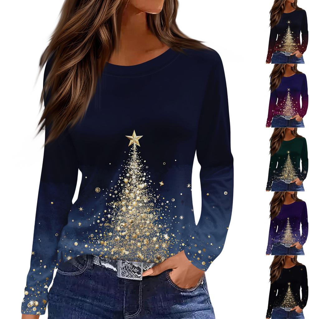 Women's Fashion Casual Slit Hem Round Neck Long Sleeve Loose Printed T-Shirt Ladies Top Christmas