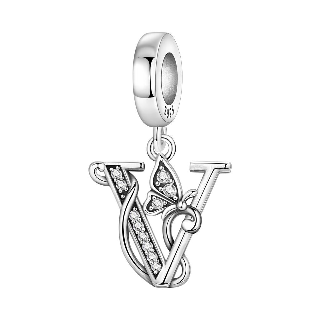 Orstarry DIY Zircon Butterfly 26 Letter Beads 925 Silver Pendant Charms for Bracelet Necklace Jewelry Gifts