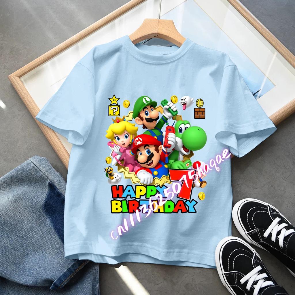 Super Marios Children Birthday Number TShirt Clothes Party Cartoon Figure Print Boys BabyTShirt blue Short Sleeve Tops Tee Gift