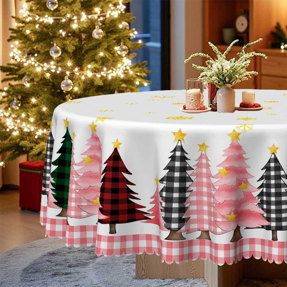 Country Christmas Tablecloth, Pink Plaid Christmas Tree Tablecloth, Waterproof Tablecloth, Round Table Square Table Universal