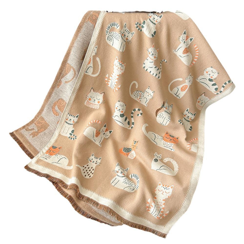 Double-Sided Cute Kitten Cashmere Scarf - Women's Fashion Winter Neck Warmer Shawl