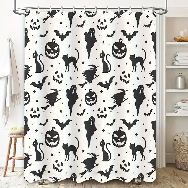 Halloween Decor Shower Curtain Set Black and White Witch Cat Pumpkin Ghosts Bats Halloween Pattern Polyester Waterproof Washable