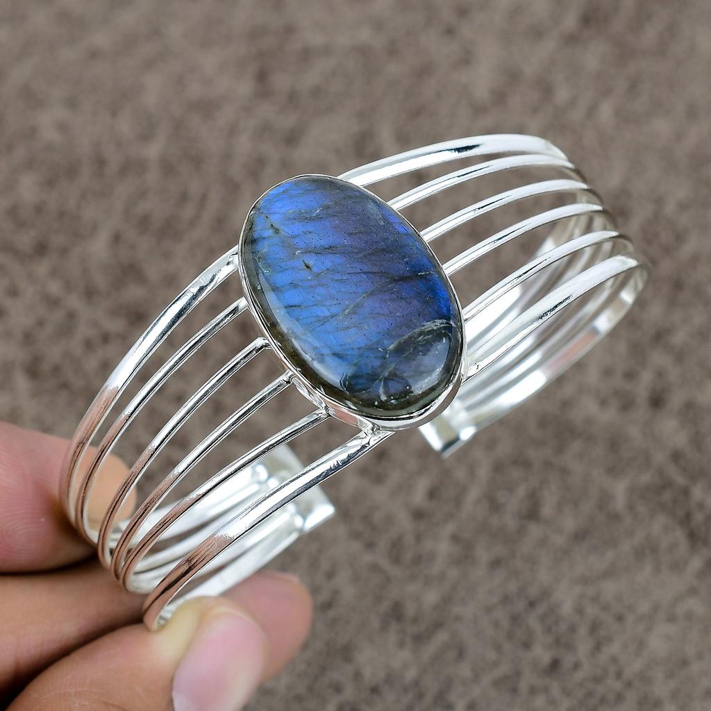 Labradorite Gemstone Handmade 925 Sterling Silver Cuff Bangle Adjustable KKG-189