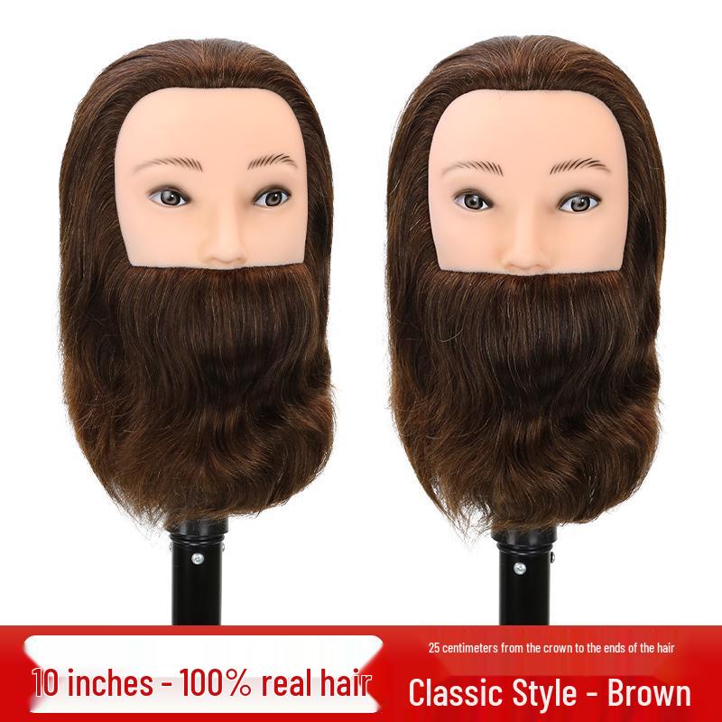 Men's Beard Model Head with Human Hair for Styling, Perming, and Dyeing - Perfect for Apprentice Practice in Barbershops.