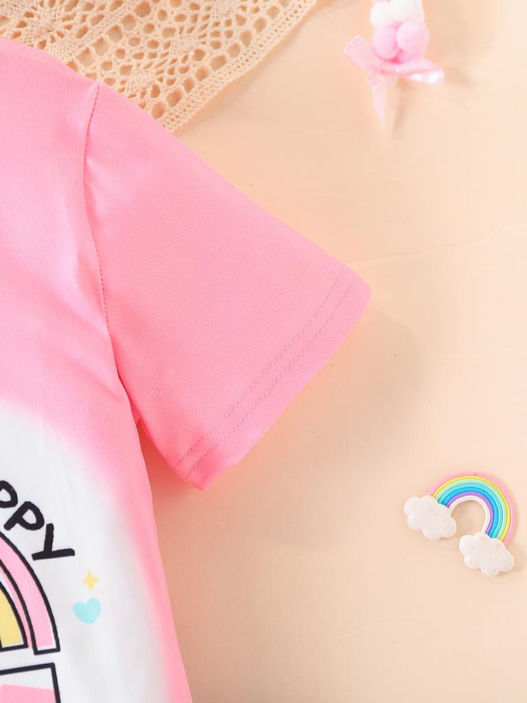 Two-piece Little Girl Set - 4-7 Years Old - Rainbow Embroidered Flower Letter Short-Sleeved Top - Black Short-Sleeved Casual Two-Piece Set