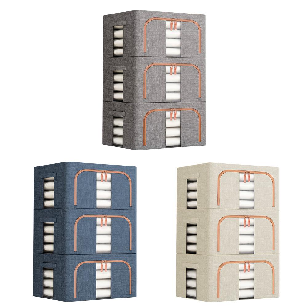 3Pcs Stackable Storage Boxes Reusable Linen Carrying Container Waterproof Closet Zippers Container for Holiday Decorations Books