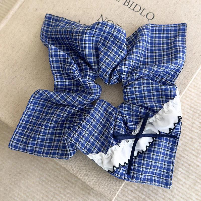 Retro Blue Checkered Hair Ties Fabric Webbing Bow Square Headbands Womens Temperament Head Rope Female Party Accessories Fashion