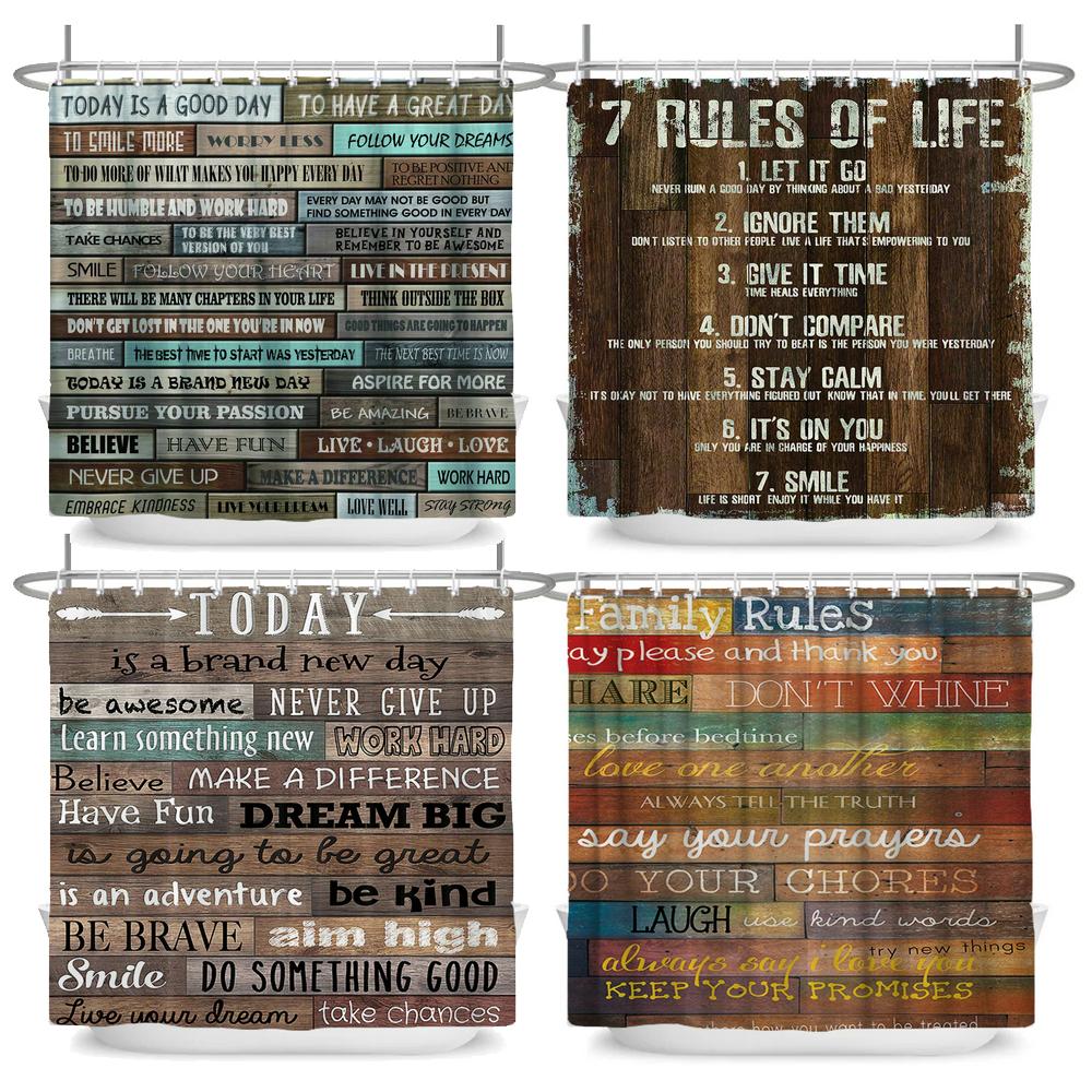 Vintage Rustic Style Wood Grain Letter Shower Curtains Bathroom Curtain Waterproof Polyester Decor Curtain with Hooks Wall Cloth